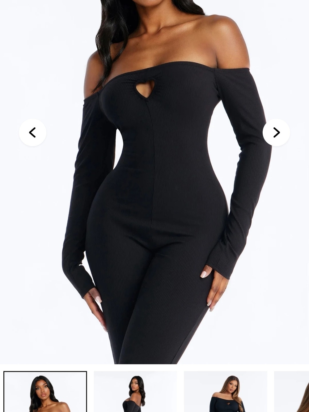 Fashion Nova Black Off-Shoulder Ribbed Jumpsuit with Heart Cutout